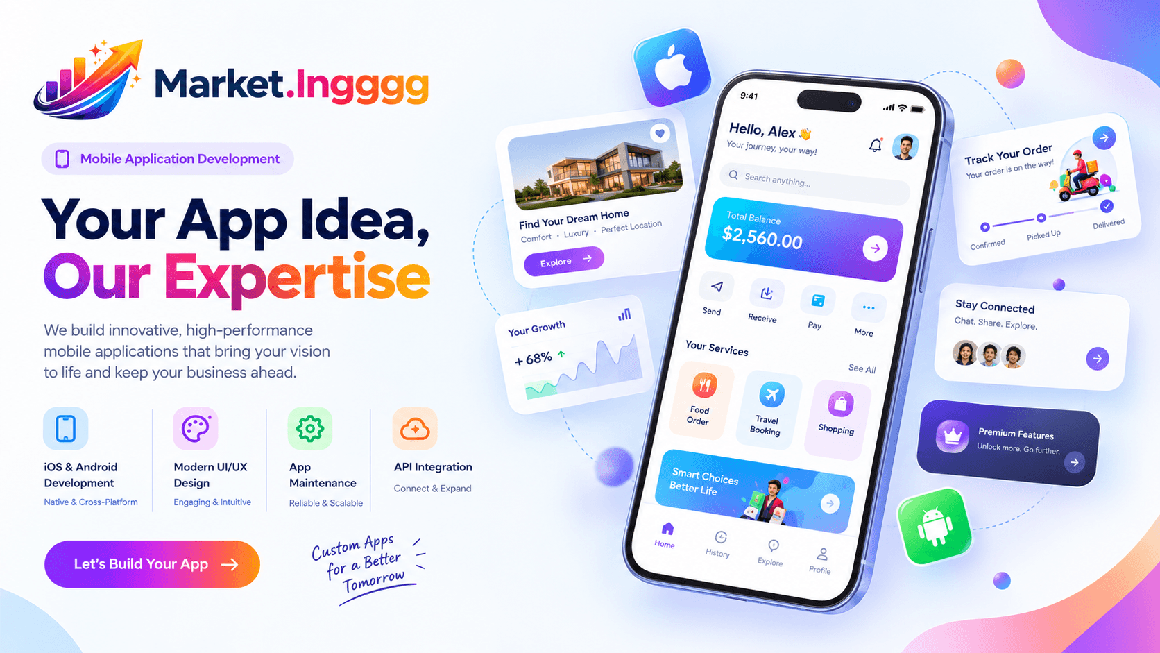 Branded mobile product interfaces representing Android and iOS digital experiences