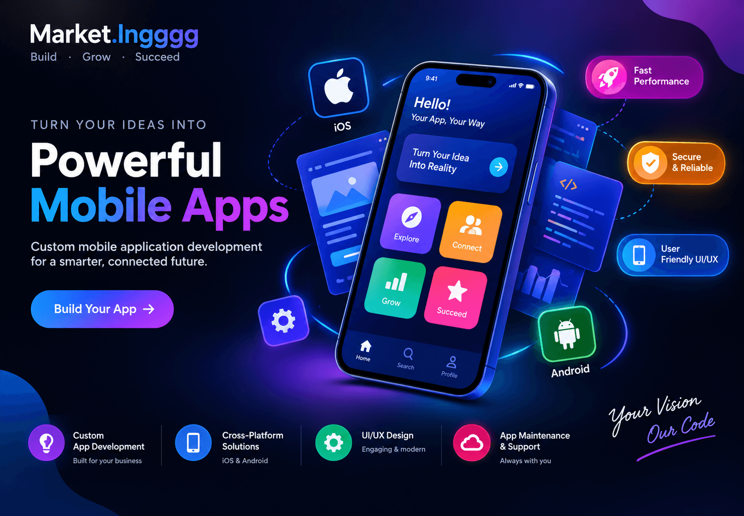 Mobile application interface representing Android and iOS app development